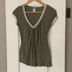 Olive green top with lace trim-great condition!
